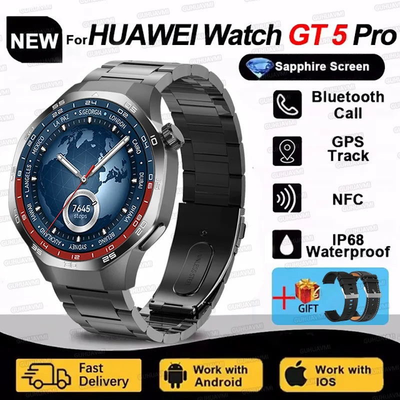 ساعة هواوي GT5 Pro الذكية، شاشة AMOLED، NFC، جهاز تعقب GPS، بلوتوث، مكالمة صحية، مقاومة للماء، ساعة ذكية للرجال والنساء / Huawei Watch GT5 Pro Smart Watch AMOLED Screen NFC GPS Tracker Bluetooth Call