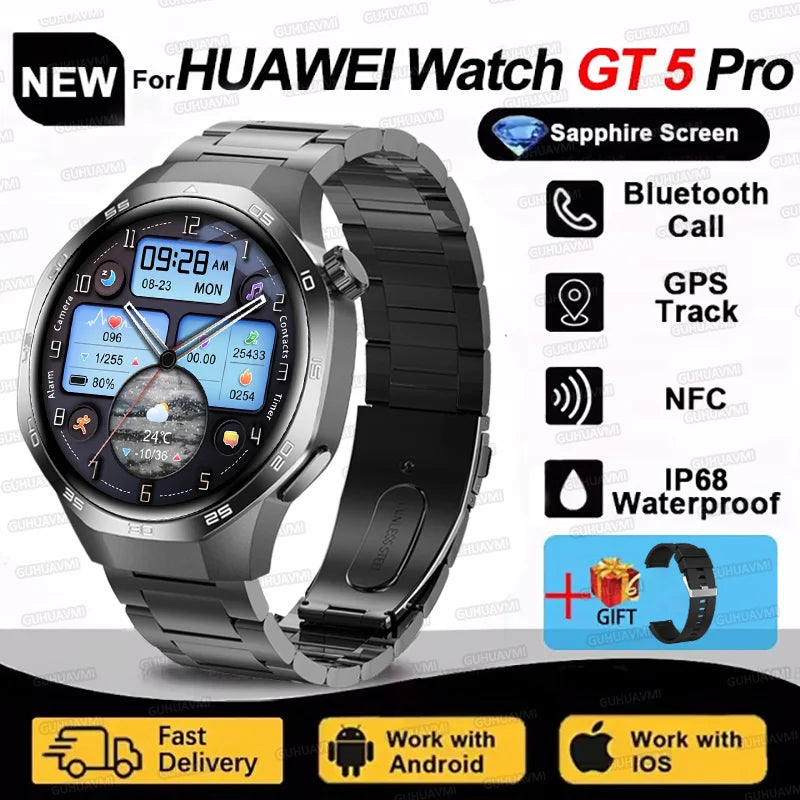 ساعة هواوي GT5 Pro الذكية، شاشة AMOLED، NFC، جهاز تعقب GPS، بلوتوث، مكالمة صحية، مقاومة للماء، ساعة ذكية للرجال والنساء / Huawei Watch GT5 Pro Smart Watch AMOLED Screen NFC GPS Tracker Bluetooth Call