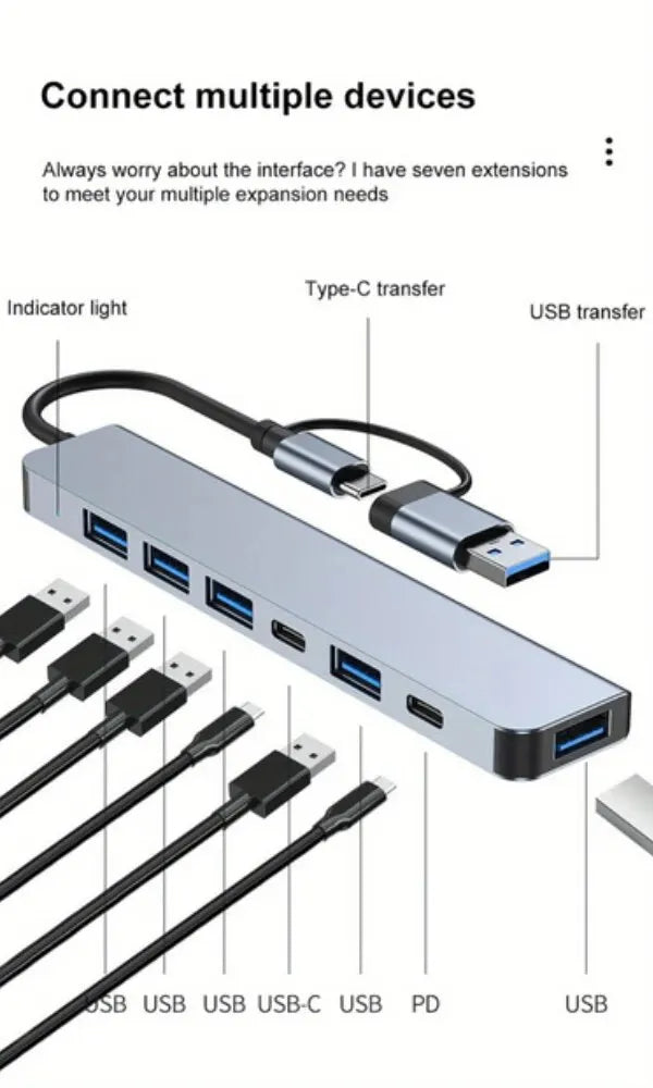 محور USB C محور USB 3.0، موسع USB 7 في 1 من الألومنيوم VIENON، مقسم USB مع 1 X USB 3.0، 4 X USB 2.0 و2 X منافذ USB C / USB C Hub USB Hub 3.0, VIENON Aluminum 7 in 1 USB Extender