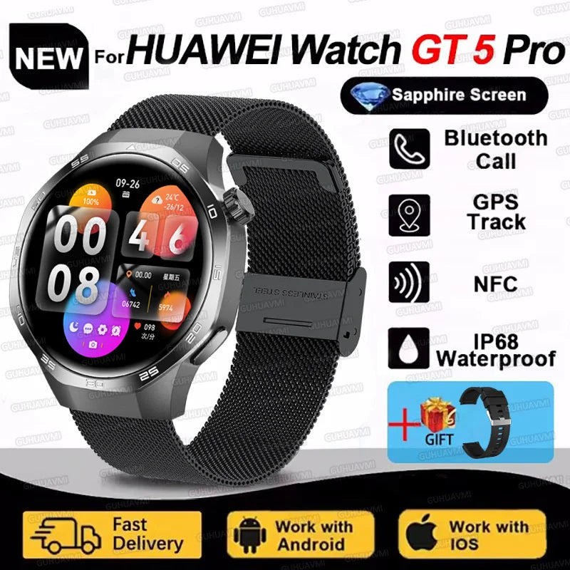 ساعة هواوي GT5 Pro الذكية، شاشة AMOLED، NFC، جهاز تعقب GPS، بلوتوث، مكالمة صحية، مقاومة للماء، ساعة ذكية للرجال والنساء / Huawei Watch GT5 Pro Smart Watch AMOLED Screen NFC GPS Tracker Bluetooth Call